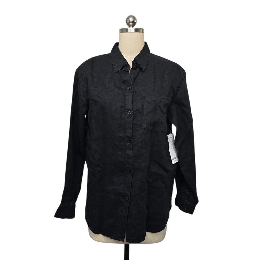 Athleta Retreat Linen Top Black Button Down Long Sleeve Shirt Women's Size Small